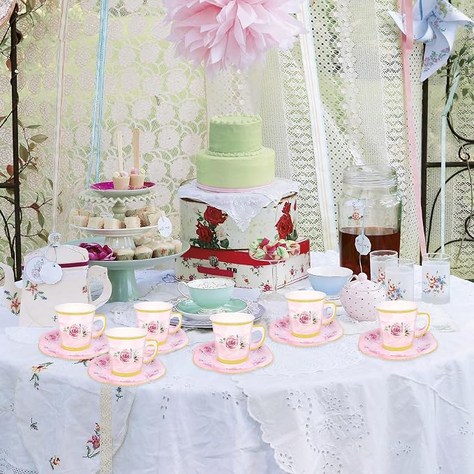 50 Pcs Paper Tea Cups and Plates Pink Floral Disposable Paper Teacups and - Image 7