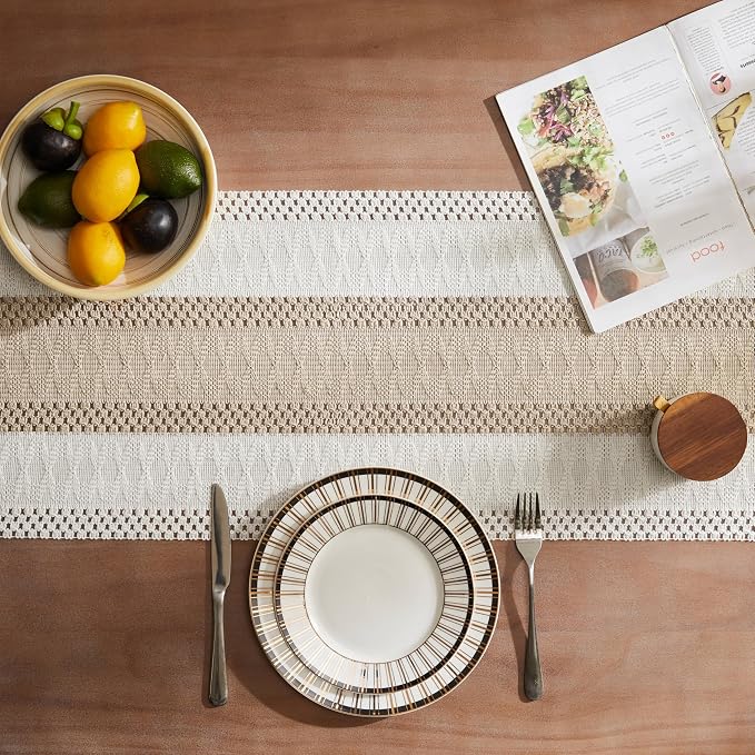 Macrame Style Bicolor Stitching Table Runner 14x48in Taupe | Woven Boho Table - Image 4