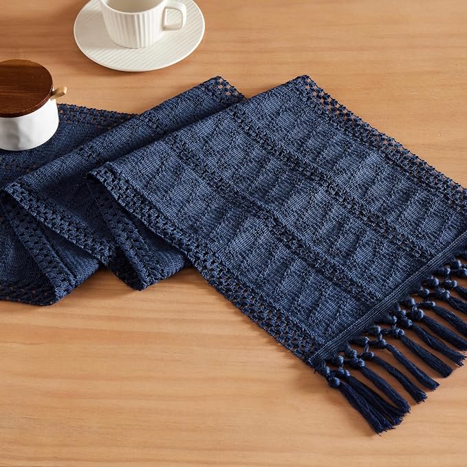 Macrame Style Boho Table Runner, 12x60 Inch Navy Blue | Woven Boho Table Runner - Image 7