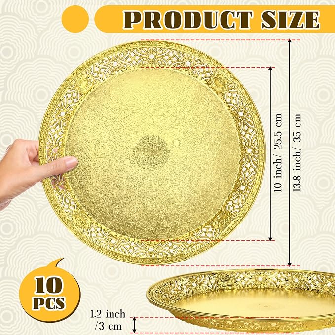 10 Pack Gold Plastic Serving Tray Bulk Lightweight Round Party Snack Serving - Image 2