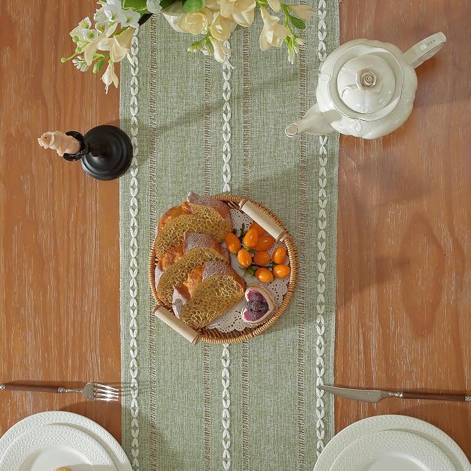 Sage Green Boho Cotton Linen Table Runner, Farmhouse Woven Table Runners Spring - Image 4