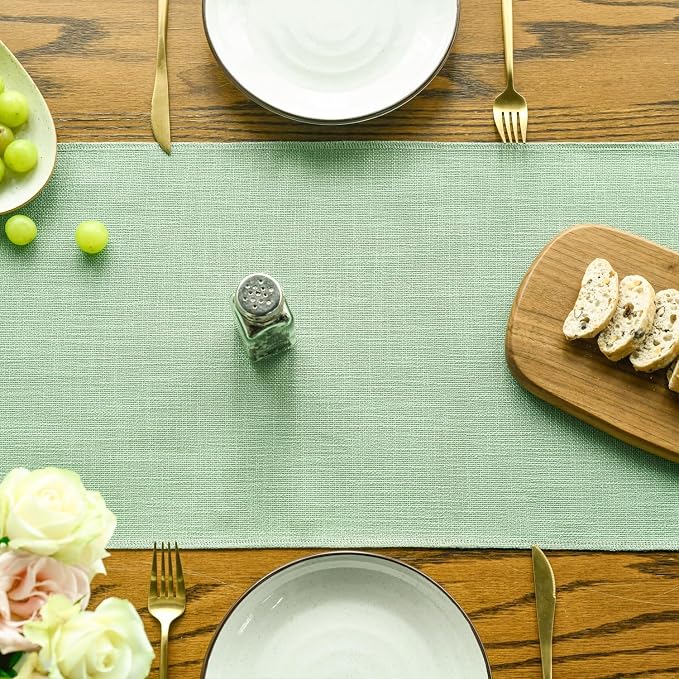 Artoid Mode Sage Green Spring Tassel Table Runner, Boho Linen Blend Rustic - Image 2