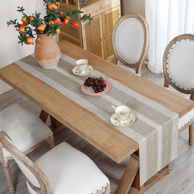 NEWISHER Farmhouse Braided Striped Embroidery Table Runner 90 inches, Rustic - Image 2