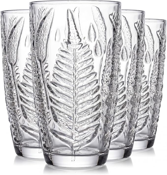 Clear Drinking Glasses Set of 4, 16 oz Glass Cups, Vintage Fern Glassware | by QELVIO