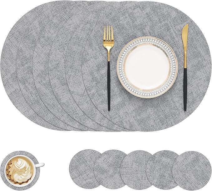Round Faux Leather Placemat and Coaster 6 Packs, Washable Heat Resistant Dining by homing
