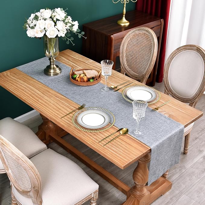 NEWISHER Farmhouse Rustic Faux Linen Solid Grey Table Runner 13x90inch | Grey - Image 2