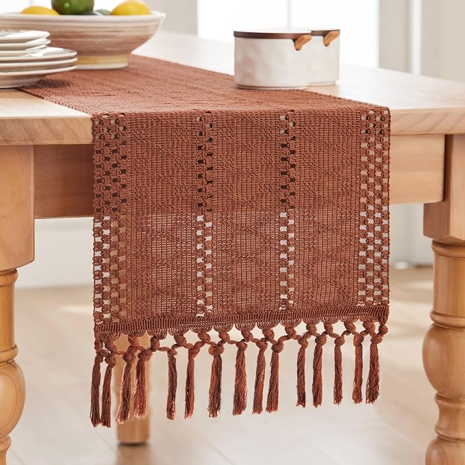 Macrame Style Boho Table Runner, 12x60 Inch Terracotta | Woven Boho Table Runner - Image 7