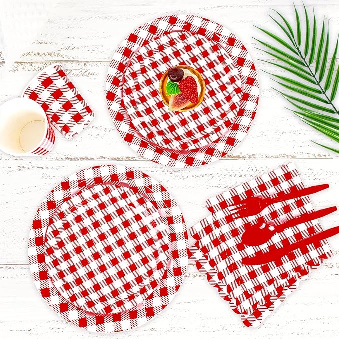 Vyntra 350 Pcs Red & White Checkered Gingham Paper Plates and Napkins Set - Image 6