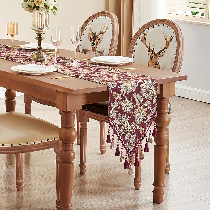 Loom and Mill Vintage Jacquard Damask Table Runner 13x90 inch, Burgundy | - Image 7
