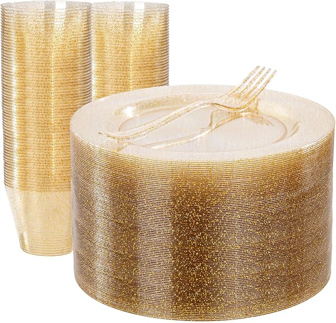 WELLIFE Gold Glitter Plastic Plates, 50 cups and 50 forks by WELLIFE