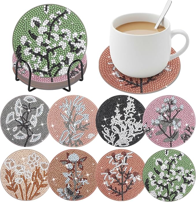 8 Pcs Boho Diamond Art Painting Coasters Holder Floral | Abstract Diamond Art - Image 8
