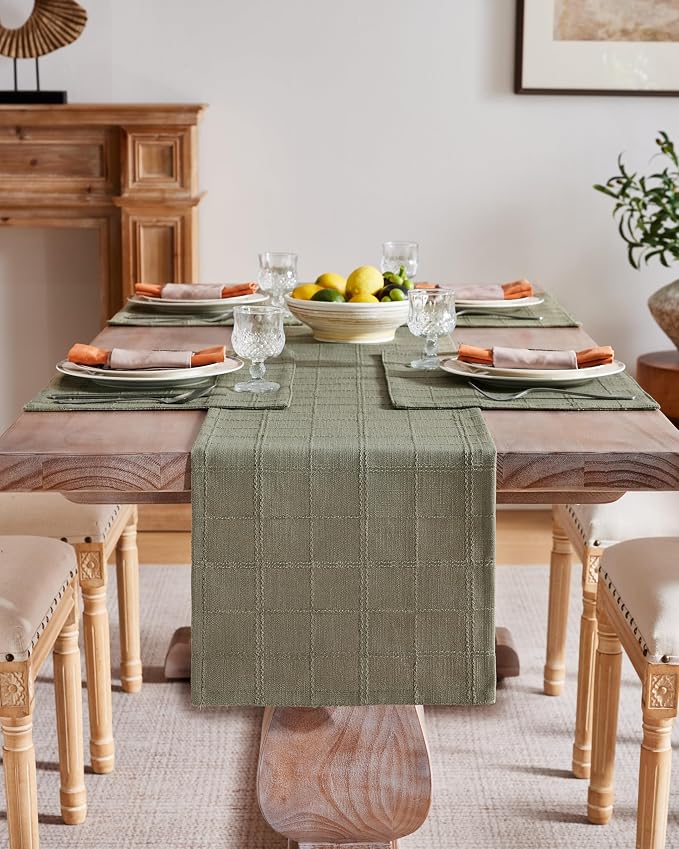 Linen Checked Farmhouse Table Runner, 13x36 Inches Olive | Raised Grid Design - Image 2