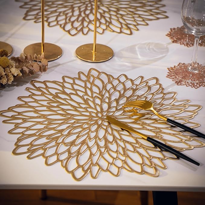 Snowkingdom Set of 12 Gold Metallic Placemats Laminated Vinyl Round Leaf - Image 4