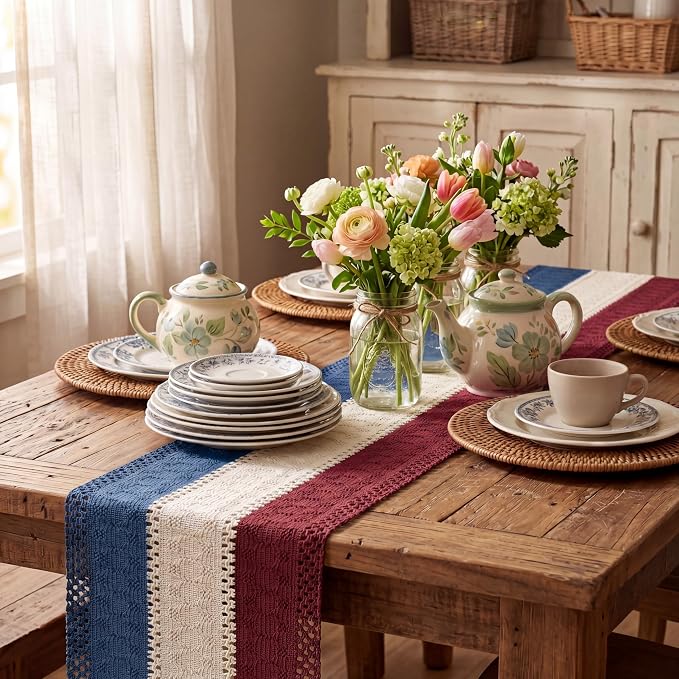 Artoid Mode Blue Beige Red Farmhouse Rustic Table Runner 12x108 Inch | Holiday - Image 4