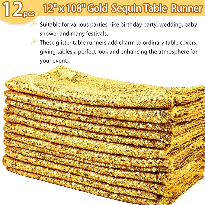 12 Packs 12 X 108 Inch Gold Sequin Table Runner Glitter Dining Table Runner - Image 2