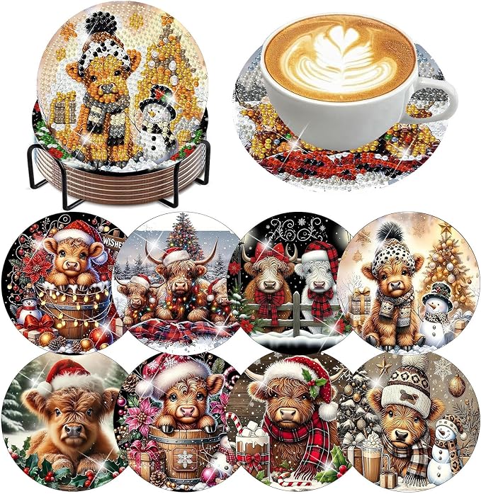 8 PCS Christmas Diamond Art Coasters Kits Highland Cows Coaster Kits | Diamond by Benjenes