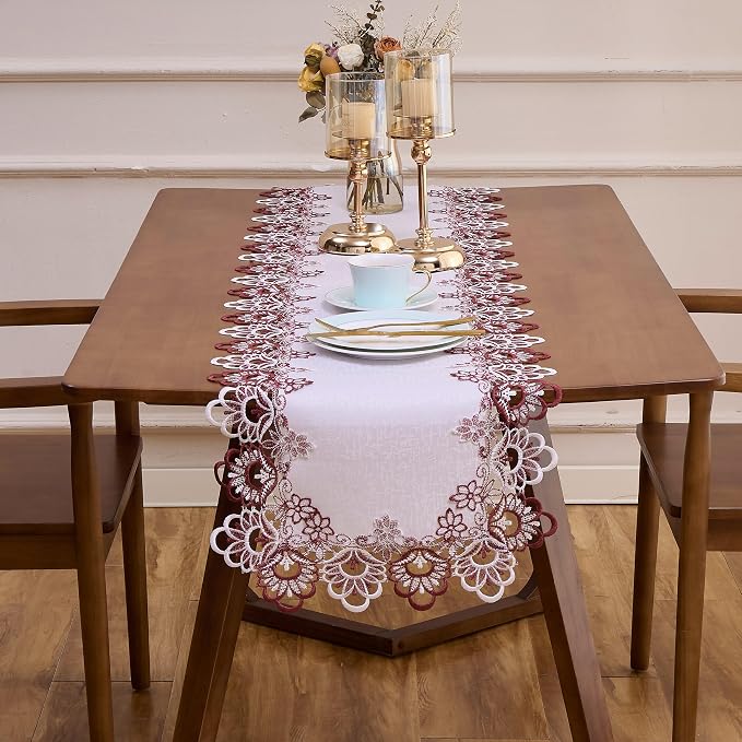 White Dark Red Jacquard Lace Table Runner 48 inches Long, Claret Dresser Scarf - Image 2