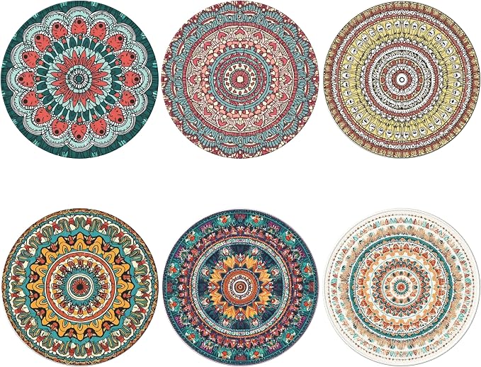 Mandala Pattern Coasters Leather Round Drink Coasters 6 Pcs Set - Image 2