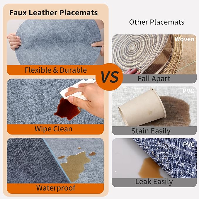 Maxpearl Faux Leather Round Placemats Set of 6, 13.8 inch, Heat Resistant - Image 4