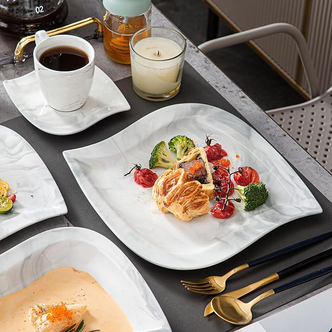 MALACASA 30 Piece Porcelain Dinnerware Set, Marble Grey - Image 7