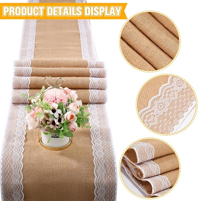Tatuo 12 Pcs Lace Burlap Table Runner 12'' x 72'' Rustic Jute Hessian Farmhouse - Image 3