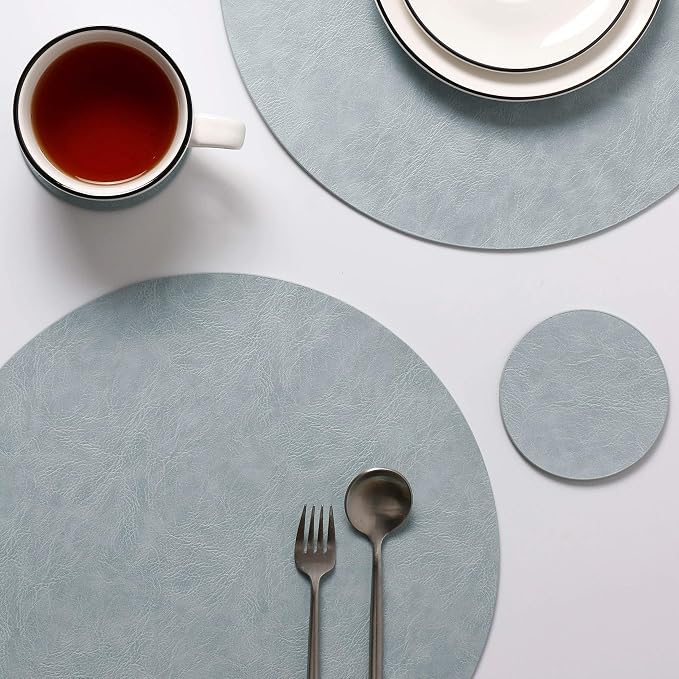 Embossed PU Leather Round Placemats, Waterproof Coffee Coasters, Kitchen Table - Image 5