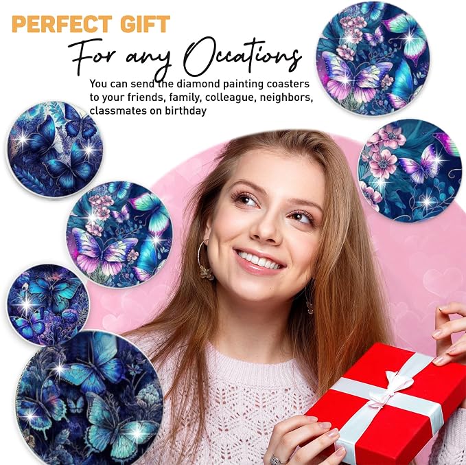 8 pcs Diamond Painting Coasters | Diamond Art Coasters | Blue Butterfly Diamond - Image 6