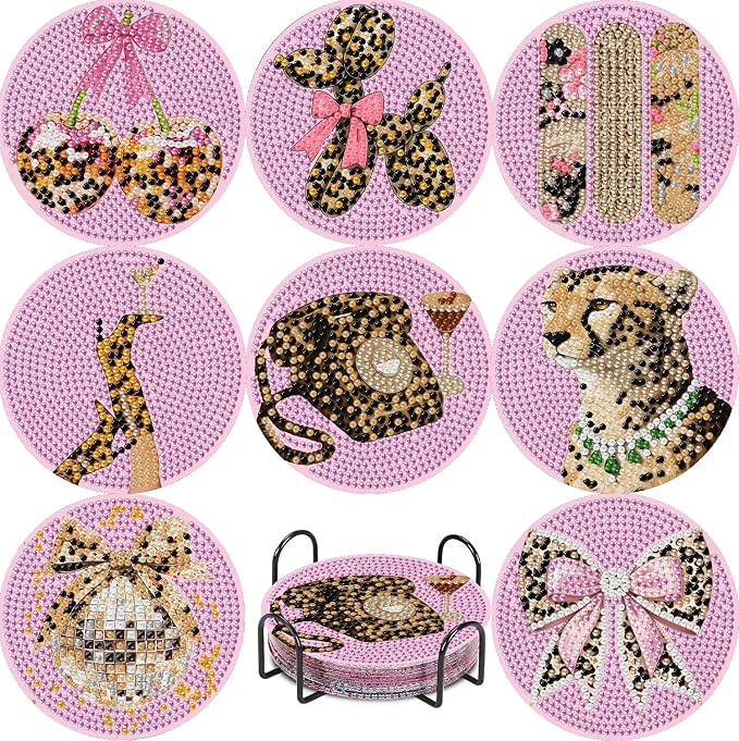 VIGEGU 8 Pack Pink Leopard Diamond Art Coasters Kits- Diamond Painting Coasters by VIGEGU