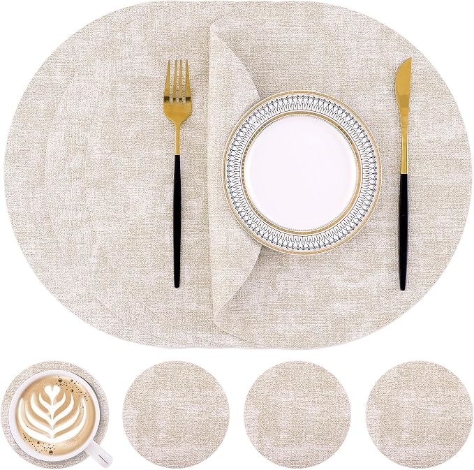 Homaxy Round Faux Leather Placemats and Coasters, Wipeable Place Mats, by Homaxy