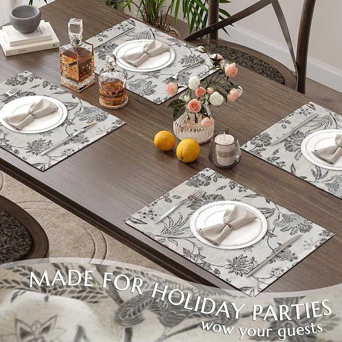 JINCHAN Sliva Linen Floral Placemats Set of 4 Farmhouse 13x19 Inch Grey | - Image 5