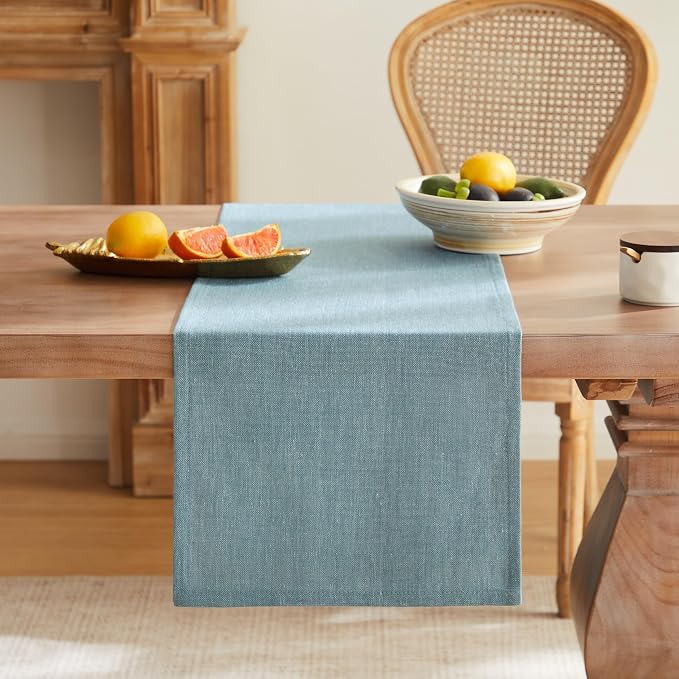 Rustic Cotton Linen Table Runner, 13x72 Inches River Blue | Farmhouse Style - Image 4
