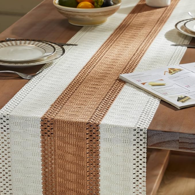 Macrame Style Bicolor Stitching Table Runner 14x72in Caramel | Woven Boho Table - Image 5