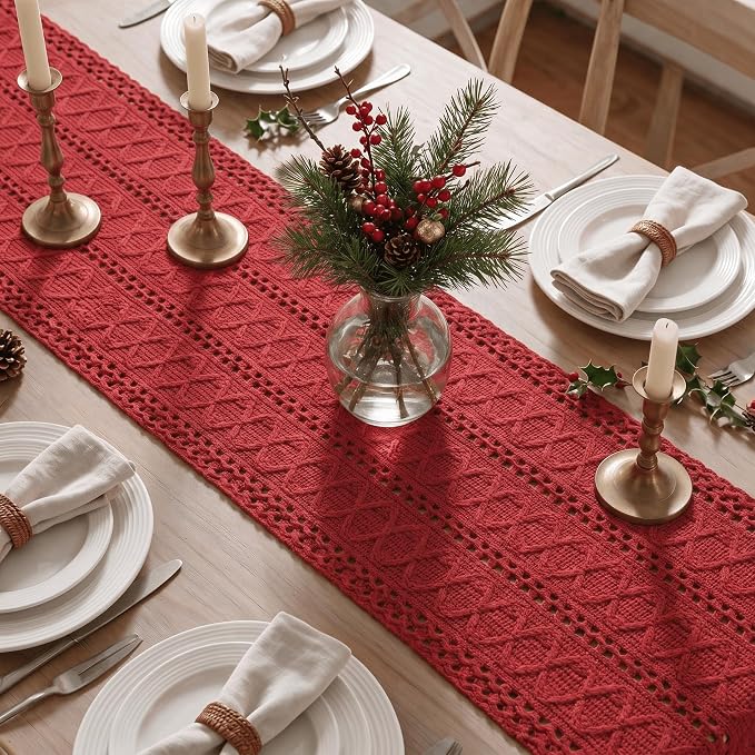 Artoid Mode Rose Red Woven Farmhouse Hollow Table Runner 12x90 Inch | Holiday - Image 4