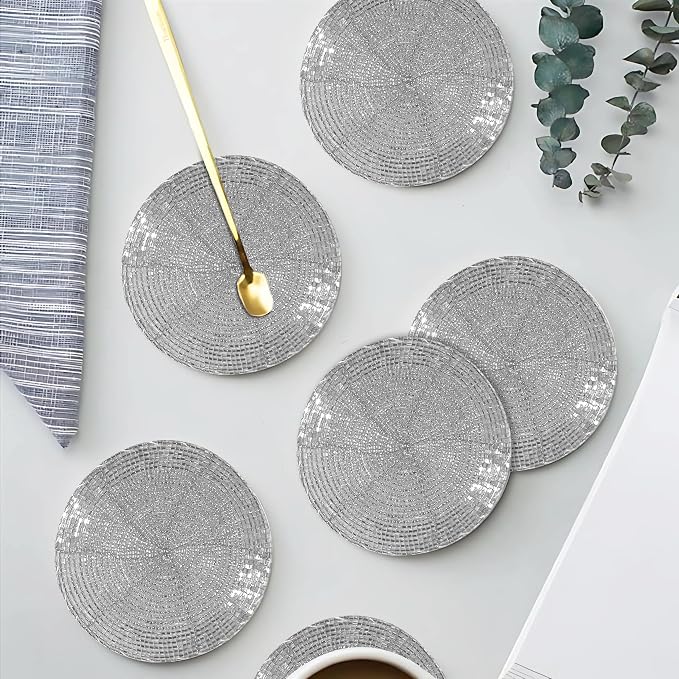 Silver Coasters Set of 4, Handmade Beaded Bar Drink Tabletop Protection Coasters - Image 3