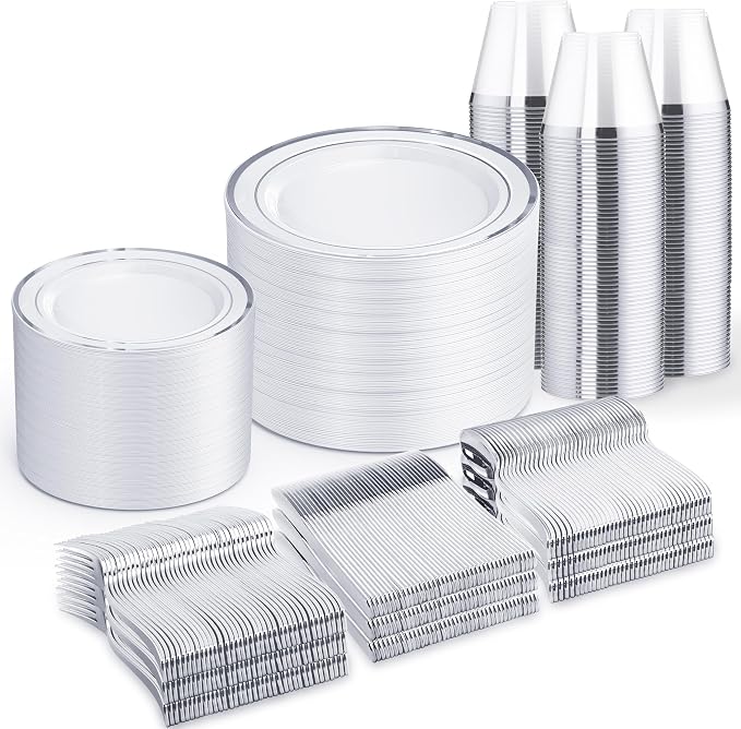 WELLIFE 600 PCS Silver Disposable Dinnerware Set by WELLIFE