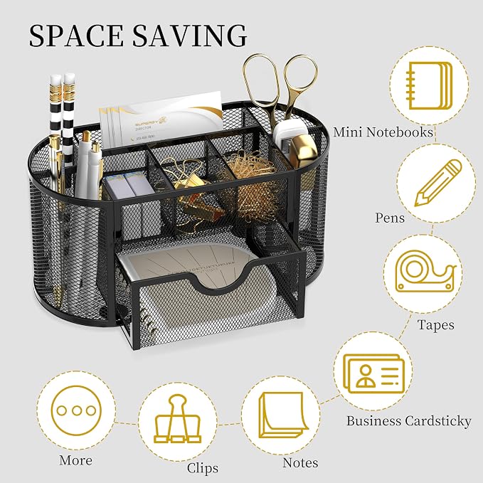 Mesh Desk Organizer with Drawer, 9-Compartment Pen Holder - Image 4