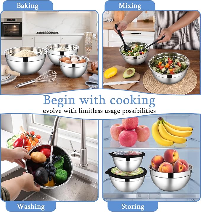 LIANYU Mixing Bowls Sets of 3, Stainless Steel Metal Bowl - Image 4