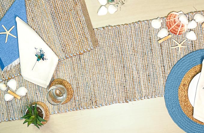 Natural Jute Table Runner, 13x90 Inch, Sky Blue-White | Vintage Boho Rustic - Image 7