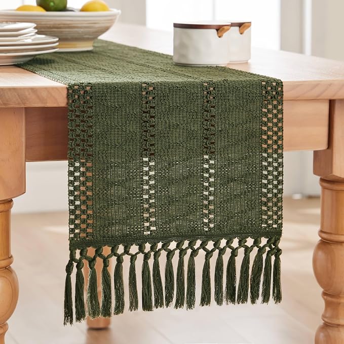 Macrame Style Boho Table Runner, 12x72 Inch Olive | Woven Boho Table Runner - Image 7