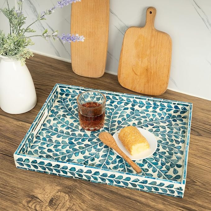 Serving Tray 15.7" X11.8", Lacquer Mother of Pearl Inlay Mosaic Tray, Rectangle - Image 5