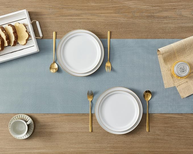 Linen Textured Border Table Runner, 14 x 36 Inch Blue | Mitered Corner Design - Image 4