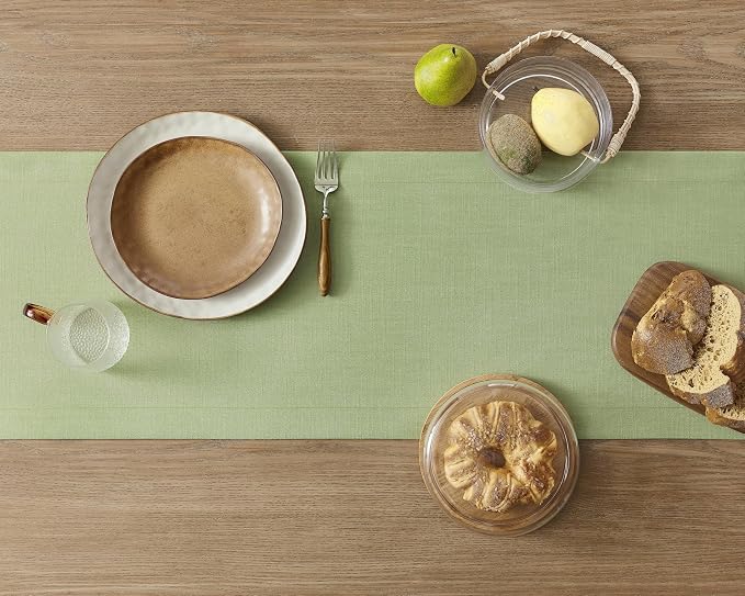 Linen Textured Border Table Runner, 14 x 108 Inch Green | Mitered Corner Design - Image 4