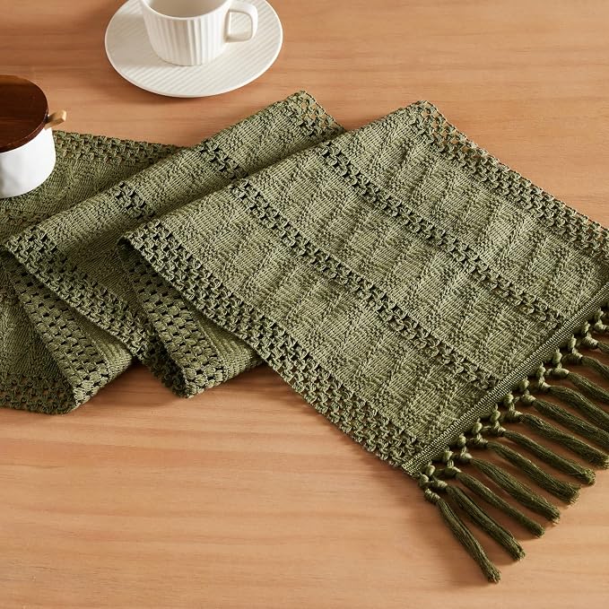 Macrame Style Boho Table Runner, 12x90 Inch Moss | Woven Boho Table Runner by ZEEMARTONLINE
