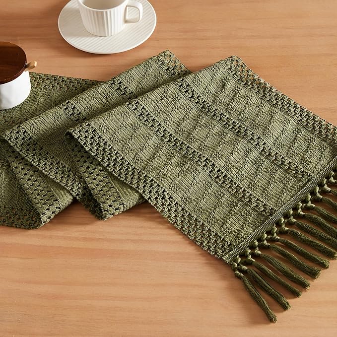 Macrame Style Boho Table Runner, 12x36 Inch Moss | Woven Boho Table Runner by ZEEMARTONLINE