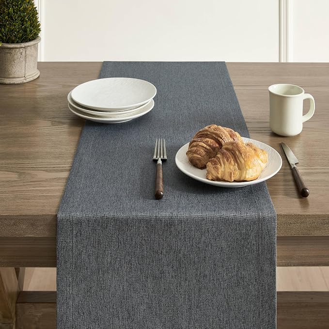 Basic Linen Style Table Runner, 14x60 Inch Charcoal | Mitered Corner Design - Image 5