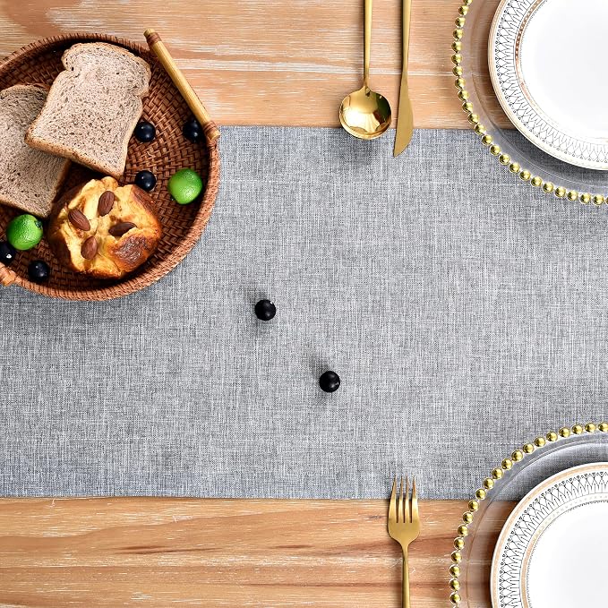 NEWISHER Farmhouse Rustic Faux Linen Solid Grey Table Runner 13x72inch | Grey - Image 4