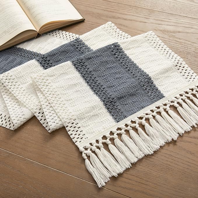 Macrame Style Bicolor Stitching Table Runner 14x48in Charcoal | Woven Boho - Image 7