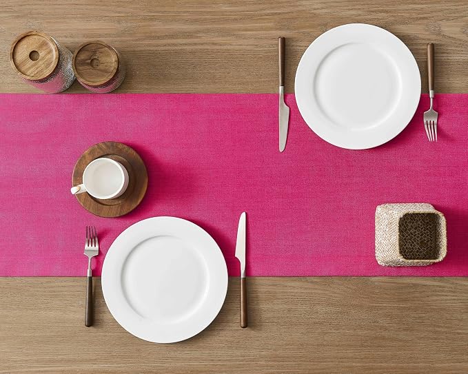 Linen Textured Border Table Runner, 14 x 108 Inch Hot Pink | Mitered Corner - Image 4