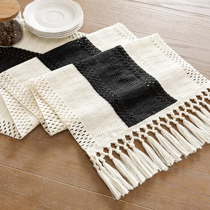 Macrame Style Bicolor Stitching Table Runner 14x90in Black | Woven Boho Table - Image 7