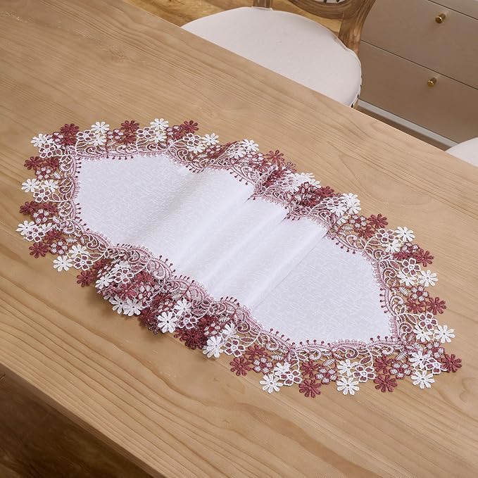 White Dark Red Floral Lace Table Runner Dresser Scarf | Dresser Scarf, Lace - Image 5